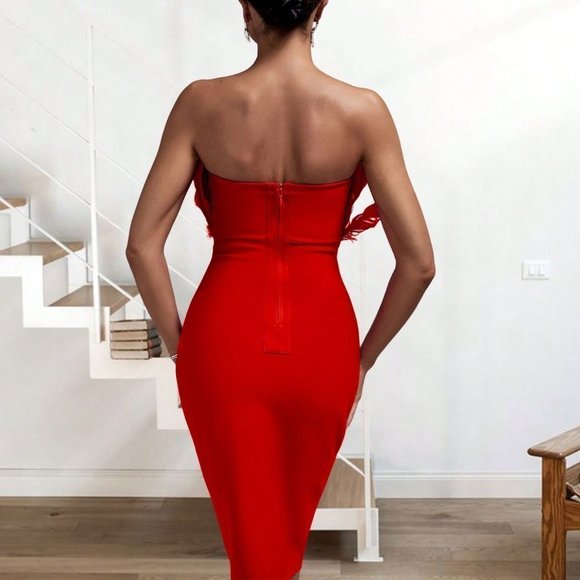 Red Party Womens Fuzzy Trim Tube Bodycon Dress - Picture 2 of 5